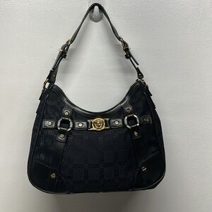 Versace Medusa Head Shoulder Bag Purse Monogram Fabric Black Gold Designer Luxe